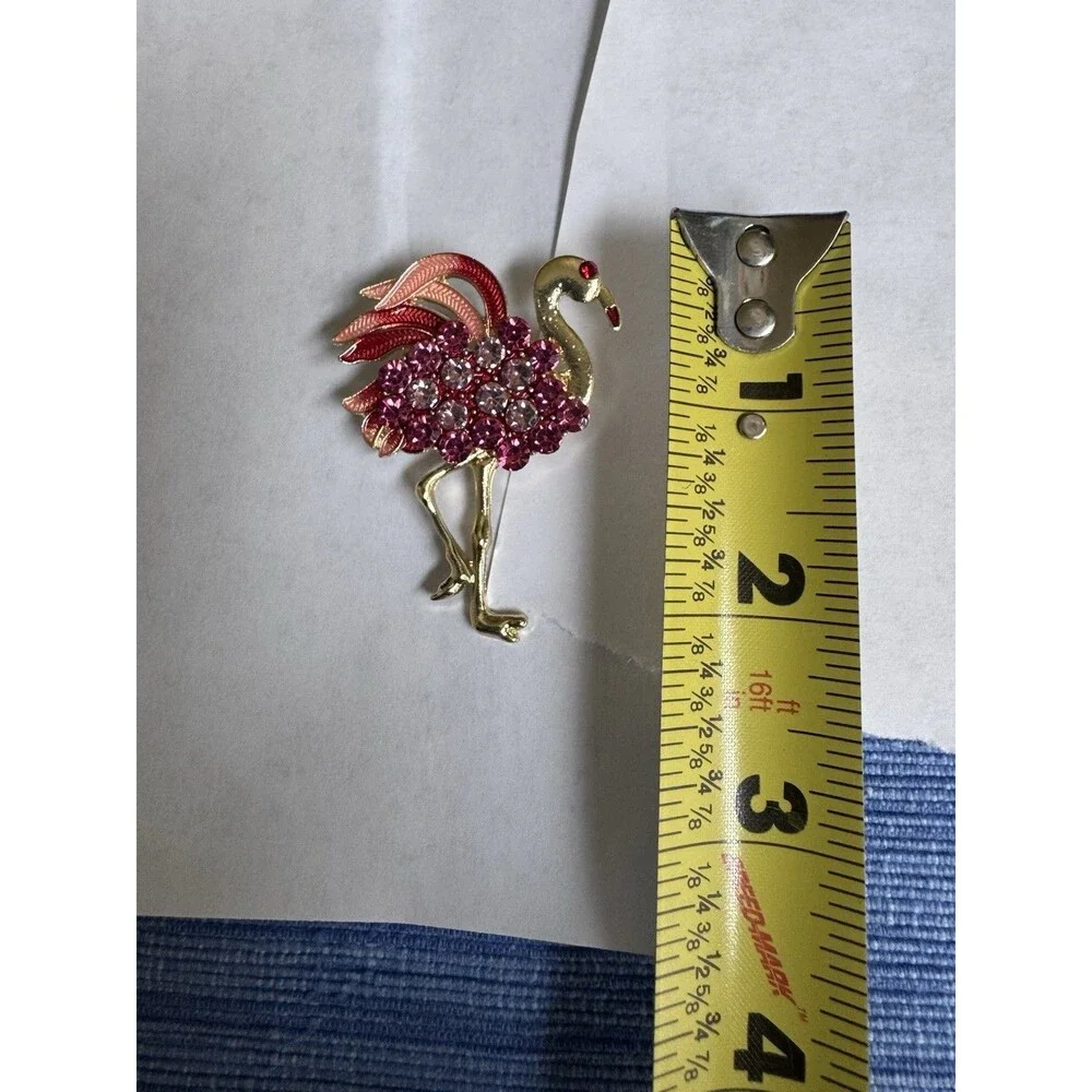 Vintage Pink Flamingo Brooch Rhinestone Enamel Gold Tone Bird Pin Costume...